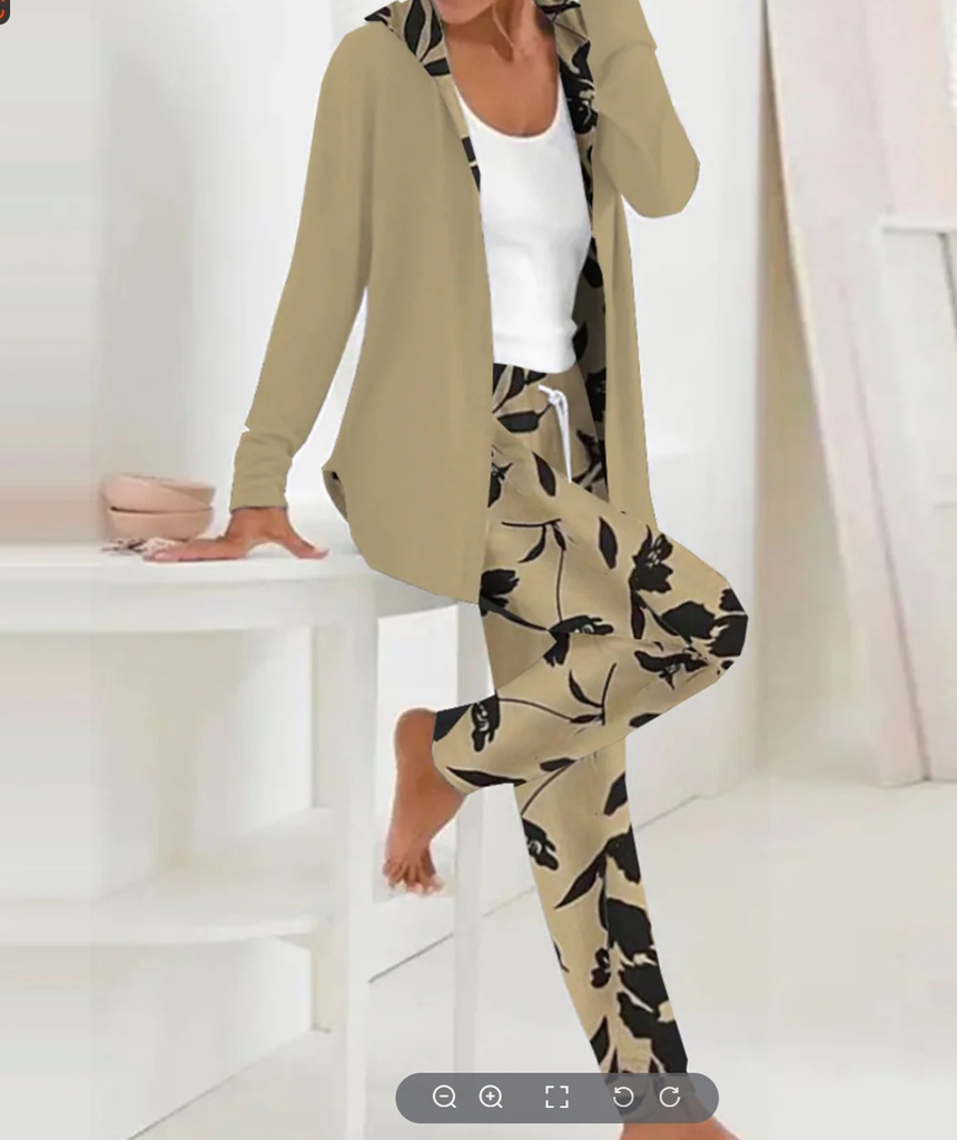 Printed Cardigan Coat Solid Color Two-piece Pants