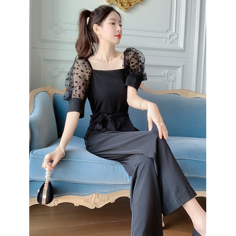 Temperament High Waist Puff Sleeve Wide Leg Pants Jumpsuit