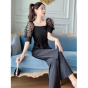 Temperament High Waist Puff Sleeve Wide Leg Pants Jumpsuit