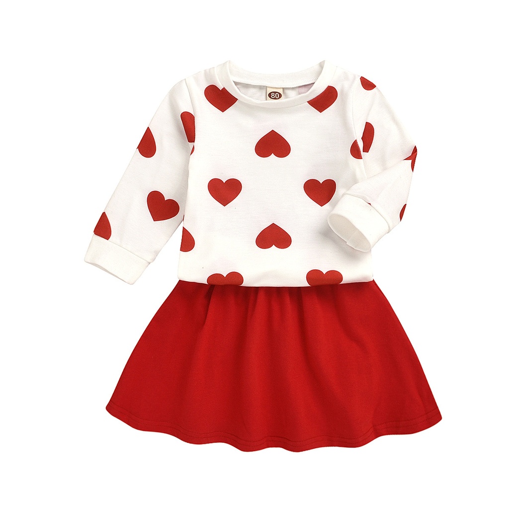 Girls' Suit Round Neck Peach Heart Long-sleeved Top And Skirt Two-piece Suit