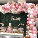 A pink and gold balloon decoration set with 127 pieces, perfect for welcoming a newborn and celebrating birthdays, adding an elegant and festive touch to the occasion 