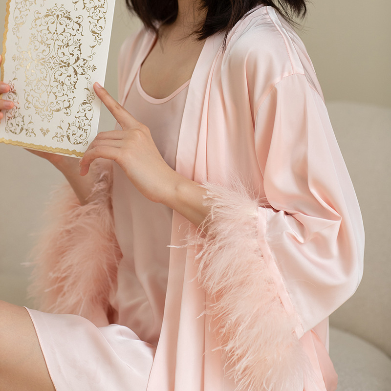 Women's Ice Silk Feather Pajamas Two Piece Set 