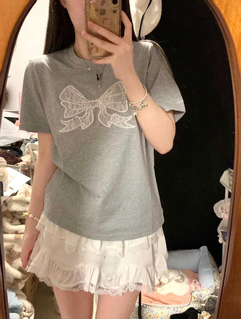 Gray Embroidered Bow Shoulder Short Sleeve