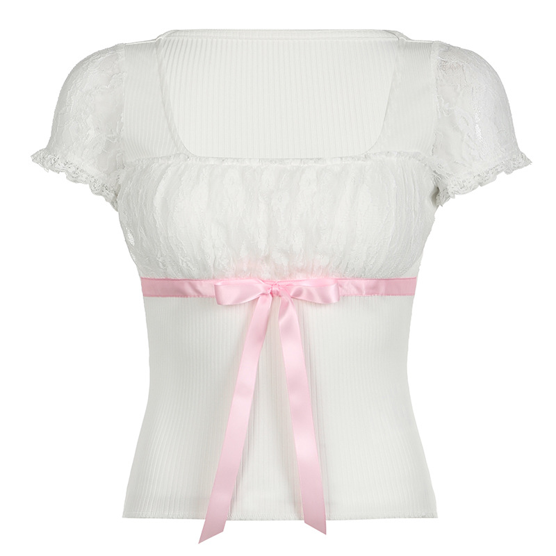 Pleated Stitching Girl Lace Short-sleeved T-shirt Ribbon Bowknot