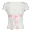 Pleated Stitching Girl Lace Short-sleeved T-shirt Ribbon Bowknot