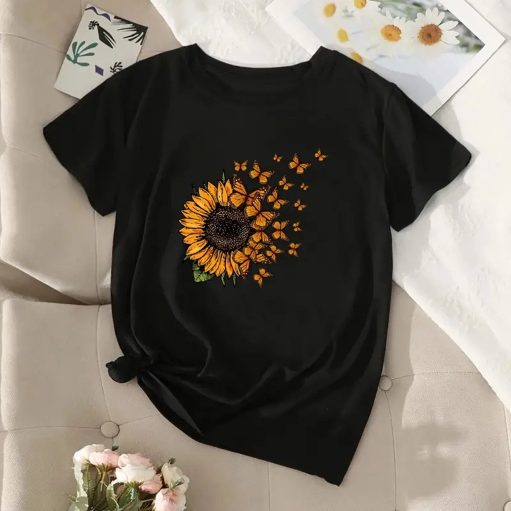 Women's Sunflower Butterfly Print Pullover Round Neck Short Sleeve