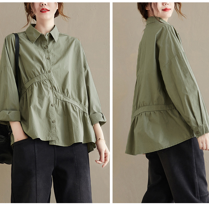 Women's Literary Fan Large Cotton Solid Color Long-sleeved Shirt
