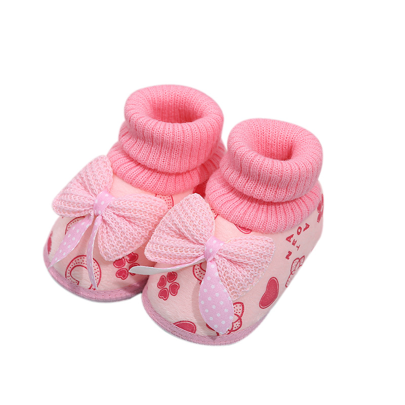 Baby Toddler Shoes In Autumn And Winter Plus Velvet Thickening Luokou Bow Baby Cotton Shoes Cover Foot Short Boots Non-Slip Sole Shoes