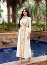 Elegant and Luxurious Kaftan Dress Adorned with Gold Lace and Pearl Embroidery, Featuring an Eastern Islamic Touch 
