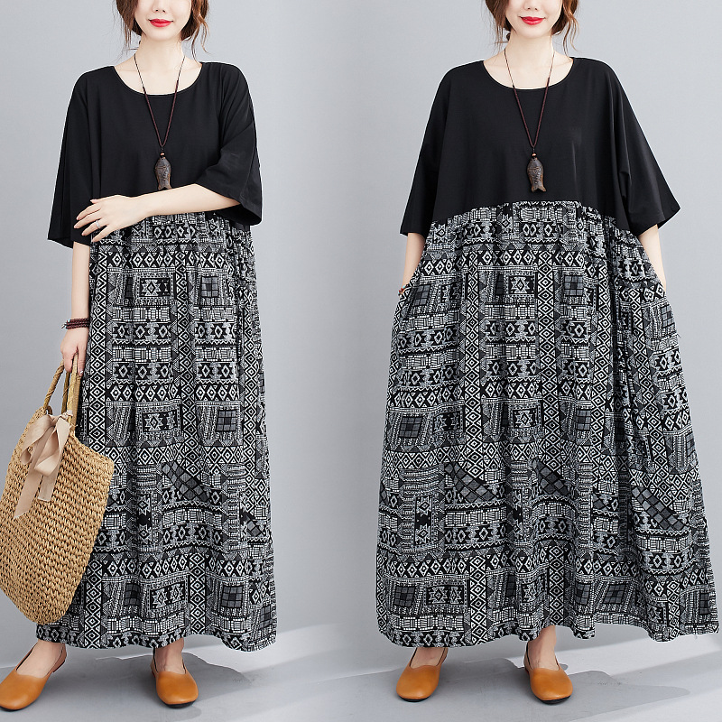 Plus Size Loose Colorblock Cotton Linen Short Sleeve Dress