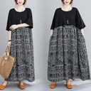 Plus Size Loose Colorblock Cotton Linen Short Sleeve Dress