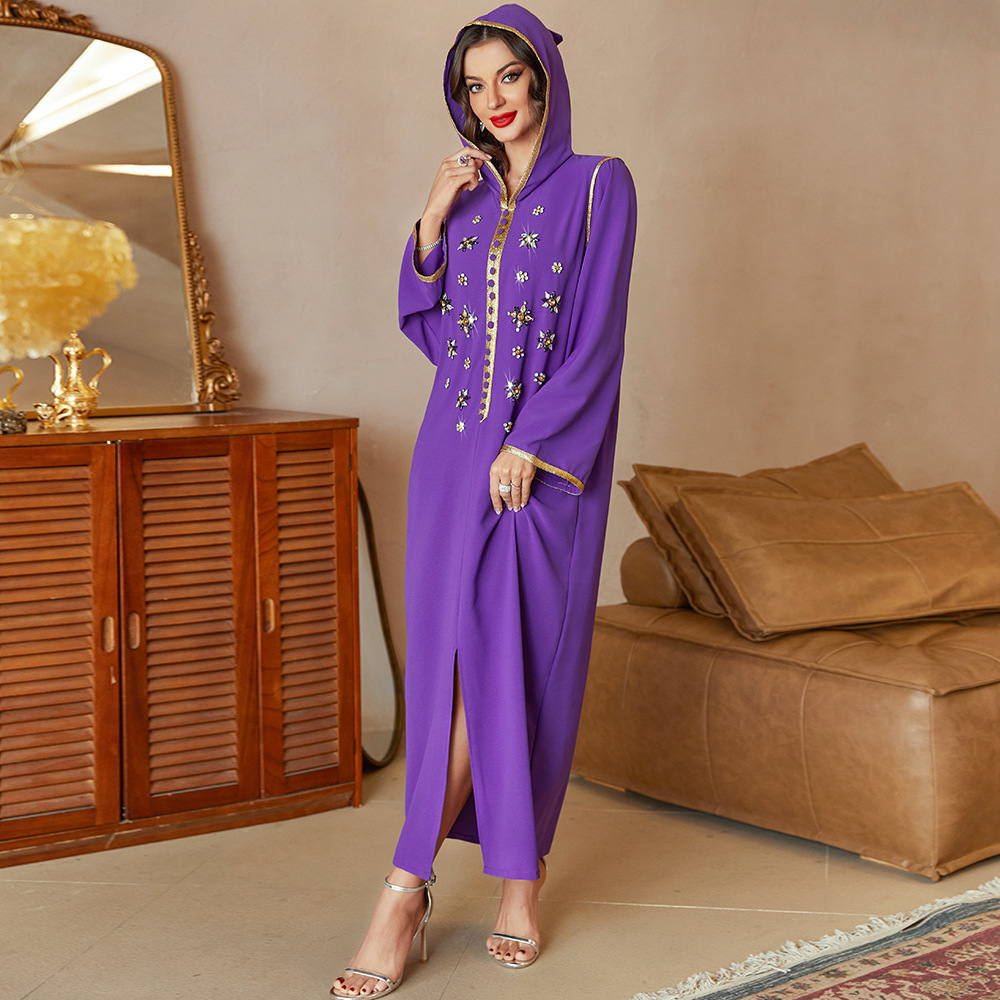 Hooded Abaya Dress Adorned with Diamonds, Floral Embroidery, and Decorative Webbing