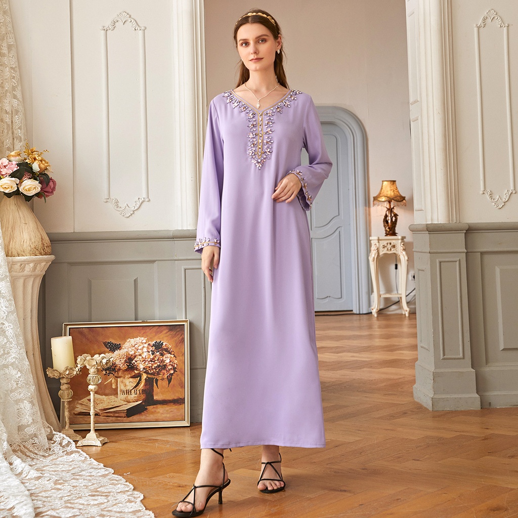 Light Purple Eastern Turkish Dress Adorned with Luxurious Rhinestones and Exquisite Golden Embroidery