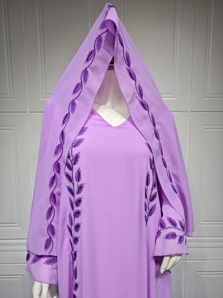 Abaya dress with an elegant Islamic design, long chiffon fabric with attractive embroidery, and a matching headscarf