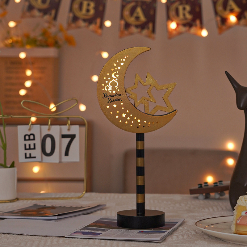 Wooden night lamp decorated with a crescent and star, featuring colorful LED lights perfect for creating a spiritual Ramadan ambiance