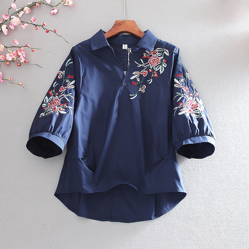 Women's Summer Blouse with Classic Design, Embroidered Long Sleeves, and Elegant Collar
