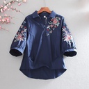 Women's Summer Blouse with Classic Design, Embroidered Long Sleeves, and Elegant Collar