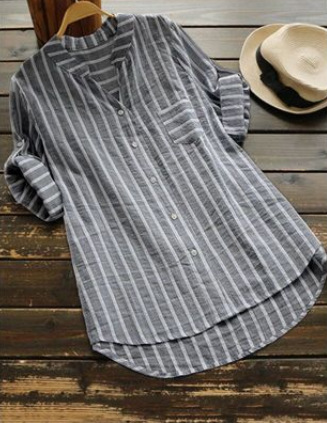 Casual Summer Women's Striped Shirt with V-Neck and Three-Quarter Sleeves