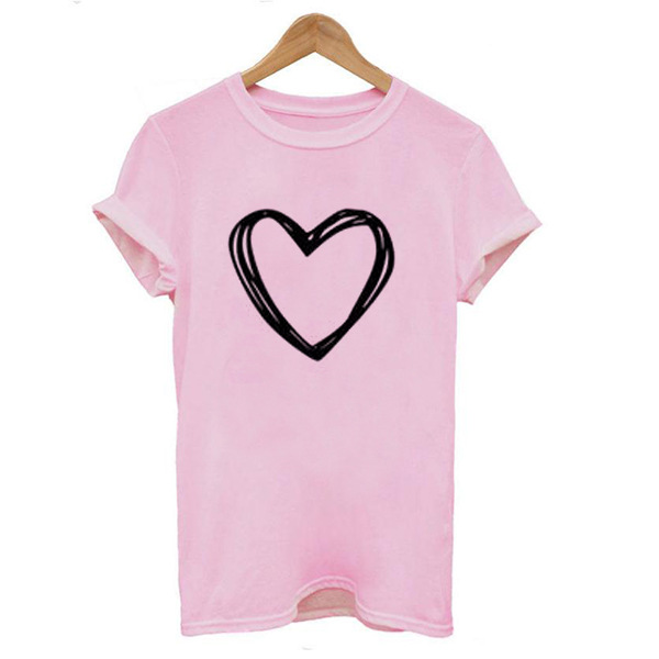 Women's Heart Print Blouse – Casual loose-fit summer design with short sleeves and a round neckline