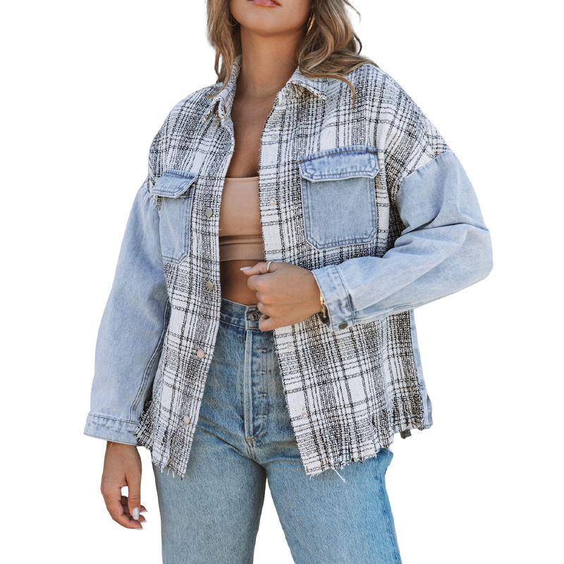 Women's Plaid Patchwork Tassel Flap Pocket Denim Jacket