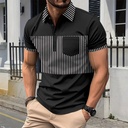 Men's Casual Polo Collar Striped T-Shirt with Front Buttons and Color-Contrasting Stitching Details