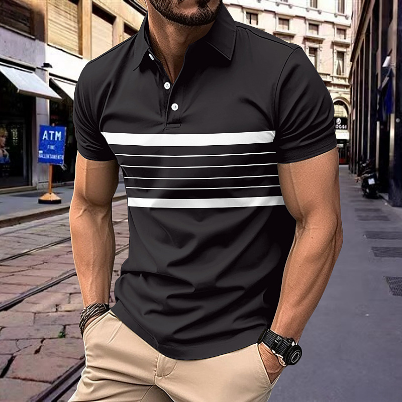 A modern and practical men’s blouse with a striped design, featuring a V-neckline and stylish button details — perfect for pairing with various everyday outfits