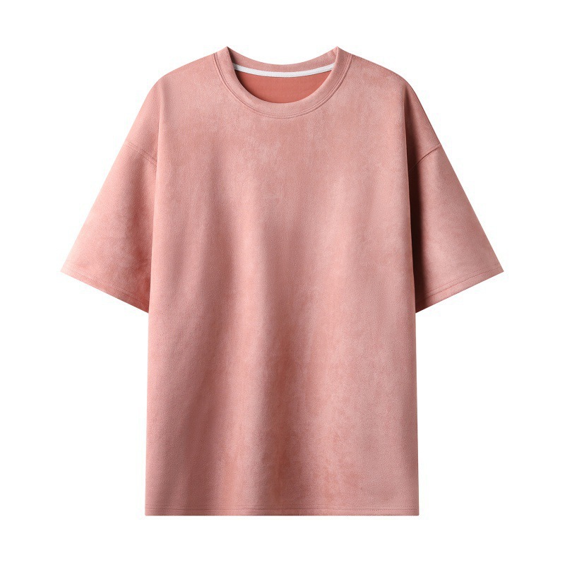 Men’s short-sleeved blouse made from lightweight solid-color suede fabric, featuring a round neckline and a loose fit — designed for comfort and easy wear