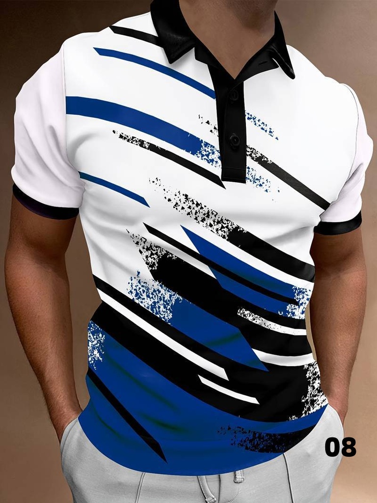 Men’s short-sleeve pullover with lapel design and 3D digital print – perfect for casual, everyday wear