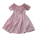 Elegant girls' short-sleeve dress made of chiffon, featuring a solid color design and a lace-trimmed collar that adds a soft, feminine touch—perfect for special occasions or everyday wear