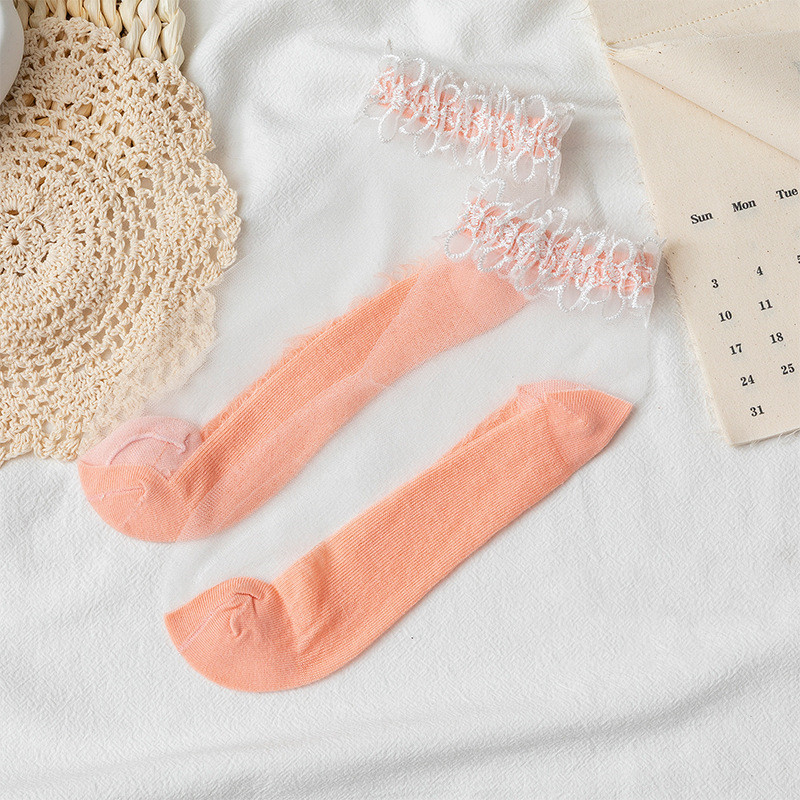 Elegant Women's Lace Socks with Pearl and Crystal Embellishments