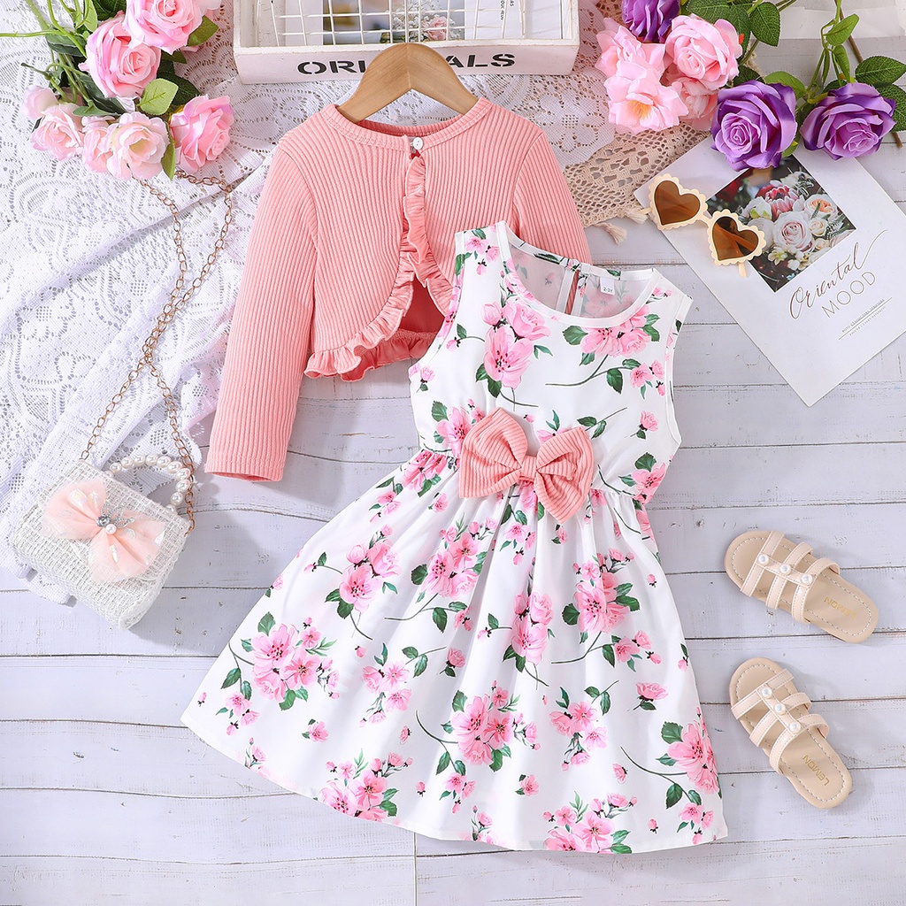 Girls' Colorful Suspender Skirt and Solid Coat Two-Piece Set
