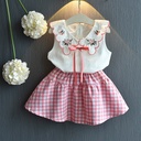 A stylish two-piece set featuring a sleeveless embroidered top and a plaid skirt for a modern feminine look