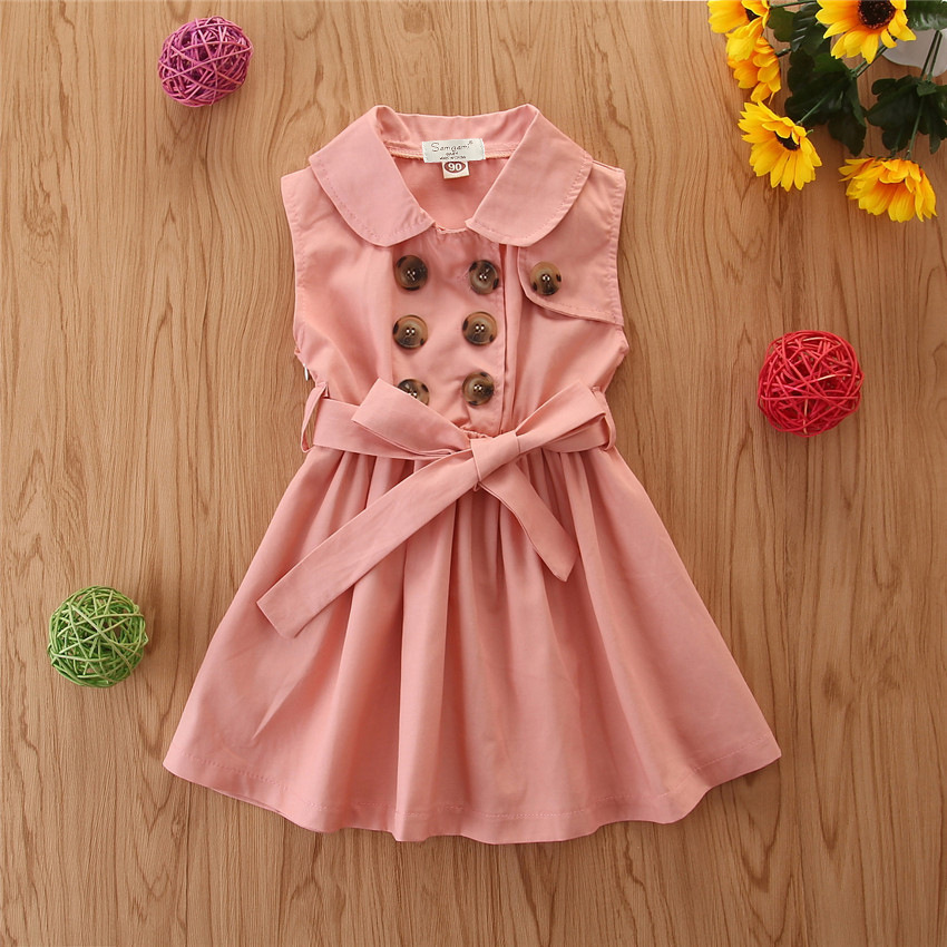 Sleeveless Summer Girls' Dress with an Elegant A-Line Design, Featuring a Sash and Buttons