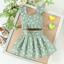 Girls' Two-Piece Set – Ruffled Sleeve Top with Bow-Strap and Elegantly Printed Pleated Skirt