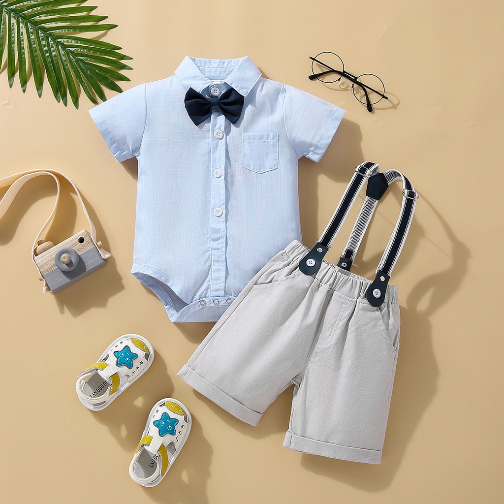Elegant Children's Outfit – Short-Sleeve Romper with Suspender Shorts in a Classic Design