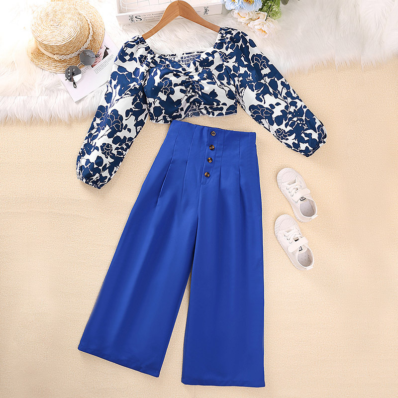 Elegant and Luxurious Girls' Outfit – Ruffled Floral Blouse with Wide-Leg Pants for a Stylish Look 