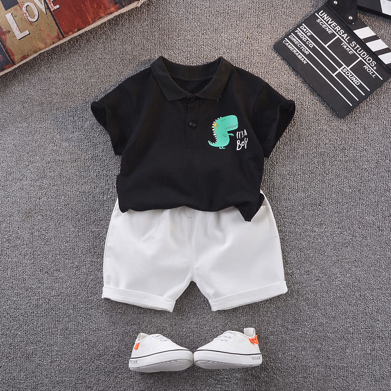 Two-piece kids' outfit – short-sleeve T-shirt with a cartoon dinosaur print paired with matching shorts