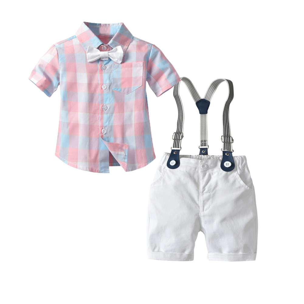 Elegant Kids' Outfit – Short-Sleeve Plaid Shirt Paired with Suspender Overalls