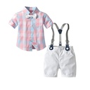 Elegant Kids' Outfit – Short-Sleeve Plaid Shirt Paired with Suspender Overalls
