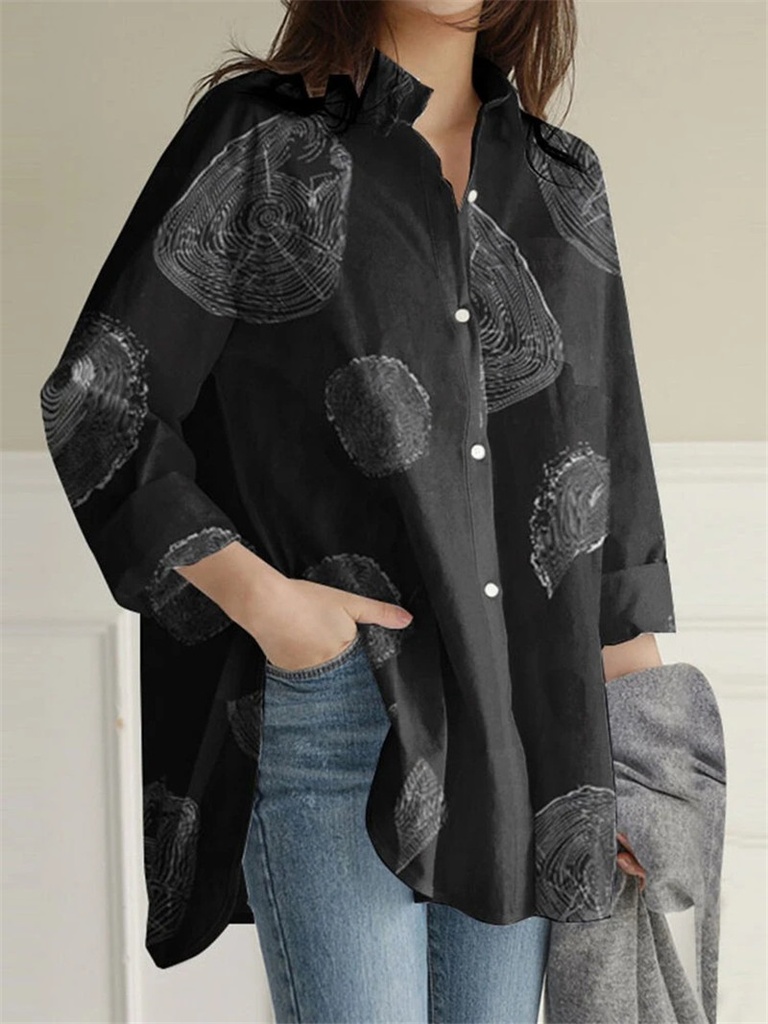 Women's Long-Sleeve Cotton and Linen Shirt – Loose Fit with an Elegant Print