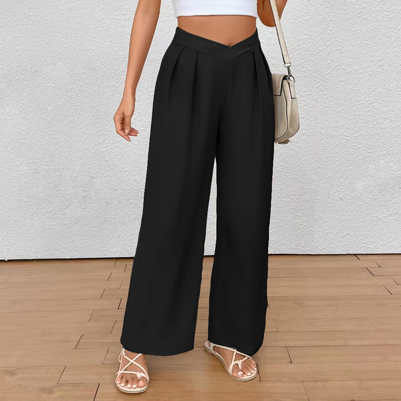Wide-leg trousers with a chic, practical design, featuring a solid color and a stylish cross-waist detail. Offers ideal comfort for your everyday looks