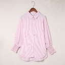 Loose-fitting women's shirt with a striped design, featuring a stand collar, smocked details, and long bubble sleeves for a stylish and comfortable look