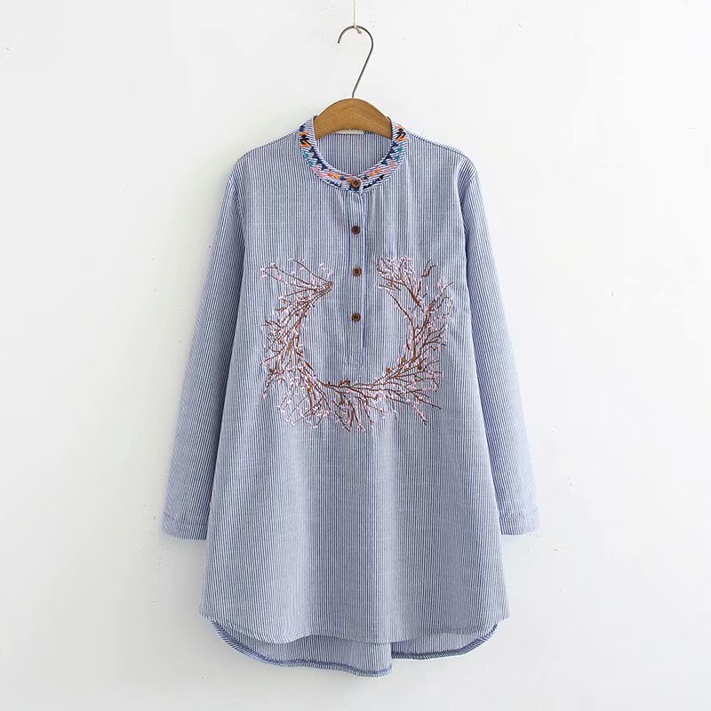 Loose striped women's shirt with elegant embroidery and a stand-up collar for a refined casual look