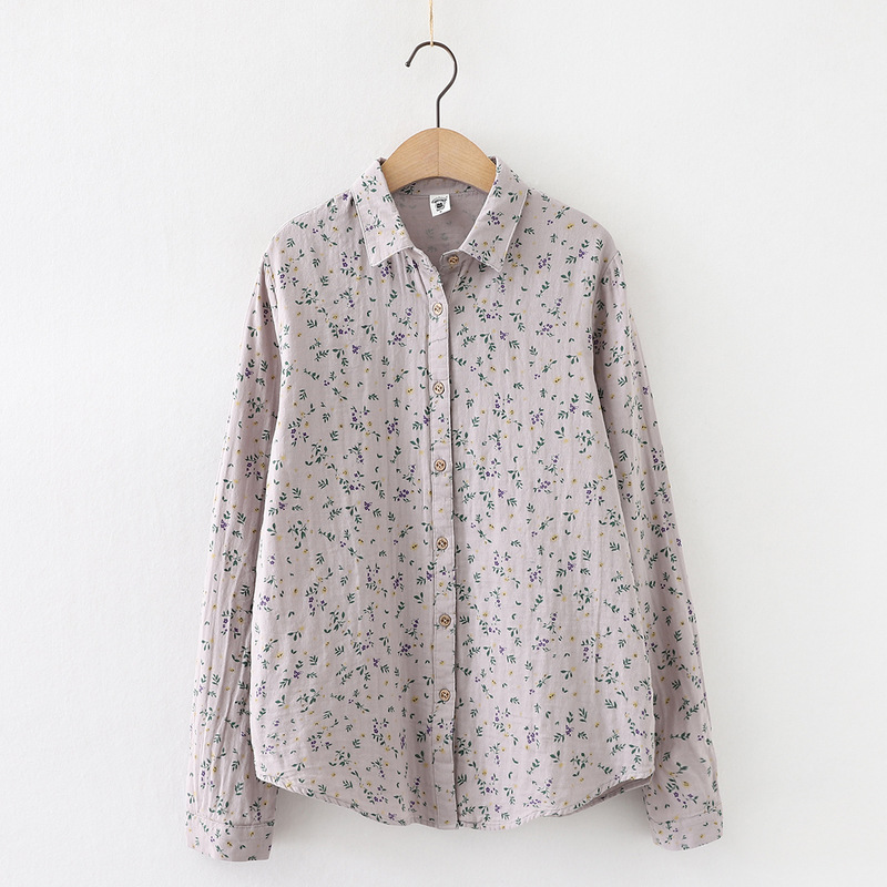Women's floral double-layer shirt with a classic collar and long sleeves, made of cotton
