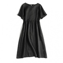 Elegant cotton and linen dress with a loose fit, round neckline, mid-length sleeves, and a waist belt