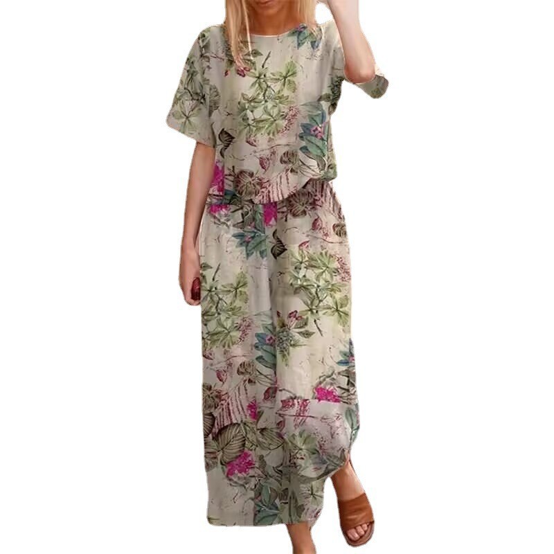 Women's cotton and linen set with an elegant plant print