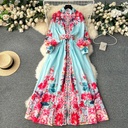 Elegant printed women's dress with a high collar and lantern sleeves, featuring a fitted waist that enhances the feminine silhouette