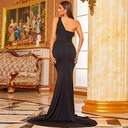 Elegant evening dress in wine red, featuring a modern one-shoulder design with a trailing back