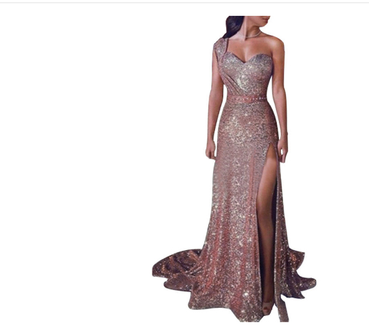 Elegant evening dress with one-shoulder design and shimmering fabric, featuring a side slit for a captivating look