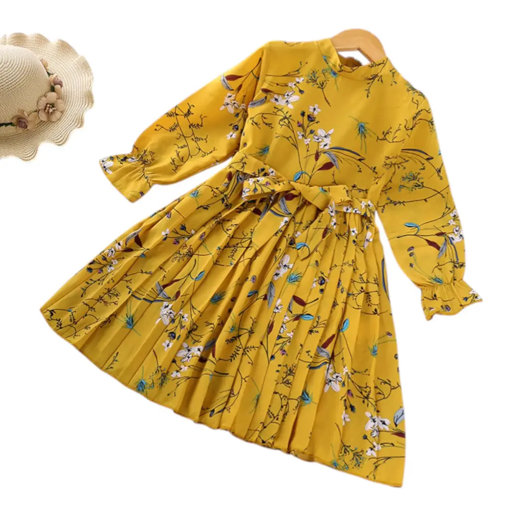 Korean-Style Trendy Dress – Long Sleeves with Elegant Prints for Girls